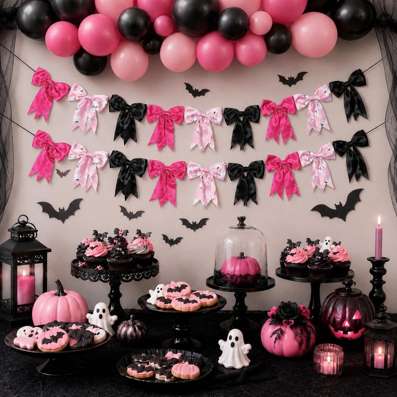 2 Strings Halloween Bow Garland 9.8Ft Pink Black Fabric Bow