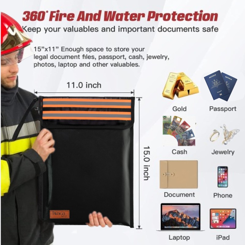 [100% Aussie Owned] Fireproof Document Bag, 2 Pockets with Night