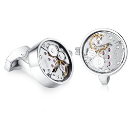 HONEY BEAR Mens Vintage Watch Movement Cufflinks with Box-Working,Steampunk Round Silver