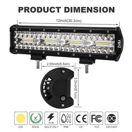 YBYZ 12inch 180W LED Light Bar, 18,000LM, 3-Row Flood/Spot Combo, Off-Road Fog Light for ATV, Truck, SUV, Jeep, Includes 12V Wiring Harness, 2-Year Warranty