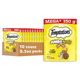 Temptations Jumbo Stuff Crunchy and Soft Cat Treats, Tasty Chicken Flavor, 5.3 oz. Pouch (Pack of 10)