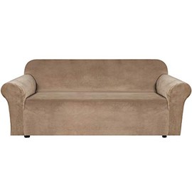 H.VERSAILTEX Stretch Velvet Sofa Covers for 3 Cushion Couch Covers Sofa Slipcovers with Non Slip Straps Underneath The Furniture, Crafted from Thick Comfy Rich Velour (Sofa 72"-96", Camel)