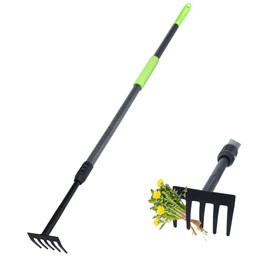 KLDOLLAR Hand Rake, Adjustable Handle Garden Small Rake Garden Tool, Heavy Duty Hand Tiller Cultivator with Soft Foam Grip, Mini Rake for Weeding Tilling Soil Loosing Planting
