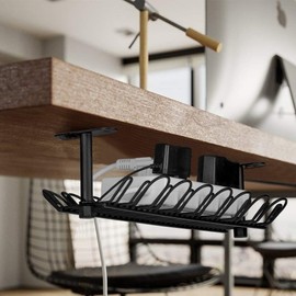 2 Packs Cable Management Tray, 14 inch Under Desk Cable Holder for Wire Management, Heavy Metal Cord Organizer Ideal for Computer Home Office Standing Tables to Hide Power Strips (Black)