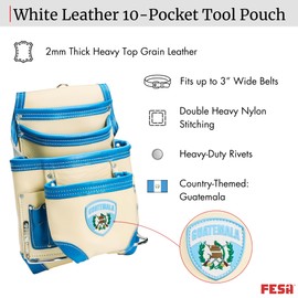 FESA Leather Carpenter Tool Pouch - 10-Pocket Heavy Top Grain Leather Carpenter Pouch with 2 Hammer Loops, Large & Small Pockets - Fits Work Belts up to 3" - Handcrafted (Country Themed: Guatemala)