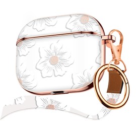 Maxjoy for AirPods 3rd Generation Case Cover, Cute Electroplating with Gold Heart Pattern with Lanyard Shockproof Cover for Girls Woman Airpods 3 case-White Trumpet Flower