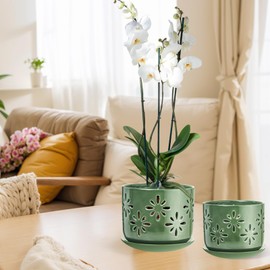 LITUDISO 6+5 Inch Orchid Pots with Holes, Ceramic Orchid Pots for Repotting, Healthy Air Circulation Plant Pots for Plant Lovers, Planters for Indoor Plants -2 Pack