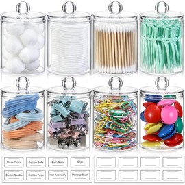 8 Pack Qtip Holder Dispenser with Lids & Labels, Cotton Ball, Cotton Swab, Cotton Round Pads, Floss Storage Canister - Clear Plastic  Jar for Bathroom Vanity Makeup Organizer (12oz & 10oz) - Color: 8 Pack