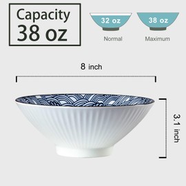 Yuanlity 38 oz Japanese Ramen Bowl Set of 4 - Large 8 Inch Ceramic Soup Bowls, Blue and White Japanese Noodle Bowls for Pho, Ramen, and Salad - Wave Patterns