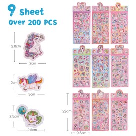 Unicorn Glitter Stickers Children's Stickers Aesthetic Scrapbook Set Photo Album Kawaii Cute Journal Glitter Stickers Kids from 2 Years Small Waterproof Reward Stickers Girls 9 Pieces 200+ Motif