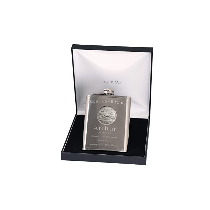 60th Birthday Engraved Hip Flask Horse Racing Feature in a