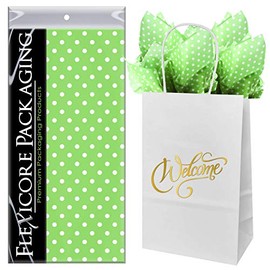 Flexicore Packaging White Kraft Paper Welcome Bags & Lime Green Gift Wrap Tissue Paper | Size: 5.25 Inch X 3.25 Inch X 8.25 Inch | Count: 5 Bags | Color: Lime Green Polka Dot