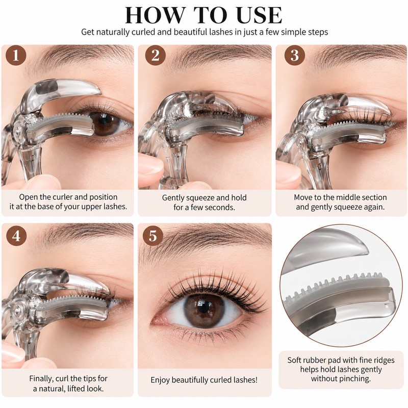 Eyelash Curler with Built-In Comb – Wide-Angle and Partial Curling