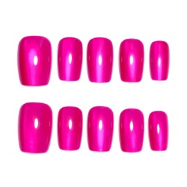 Pink Press on Nails Short Square Fake Nails Shiny Glossy Acrylic Nails Glue on Nails with Cat Eye, Glitter False Nails Press ons for Women Girls Reusable Nail Kit in 15 Sizes - 30 Pcs
