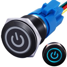 mxuteuk 19mm Waterproof Latching Push Button Switch 12V ON/Off Switch 1NO 1NC SPDT Black Metal with Blue Power Symbol Light with Wire Suitable for 3/4" Mounting Hole for Car Marine RV L-19-POWER-B-BU