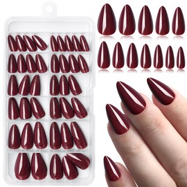 Bellelfin 120Pcs Short Press on Nails Almond Shaped Fake Nails, Glossy Acrylic Burgundy Nails Press on Full Cover Stick on Nails for Women Girls