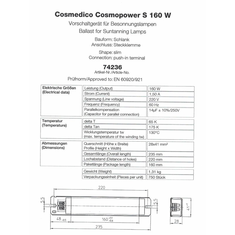 CosmoPower S 160W Choke Ballast - 220V - 60 Hz