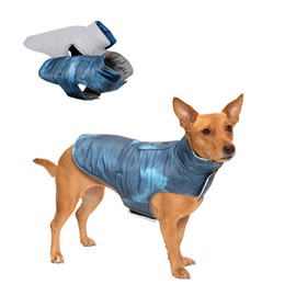 Furhaven Water-Repellent & Reversible Small Dog Coat, Washable & Reflective w/ Leash Access, Pocket, & Carry-On Purse - Puffer Dog Jacket - Blue Watercolor, Small