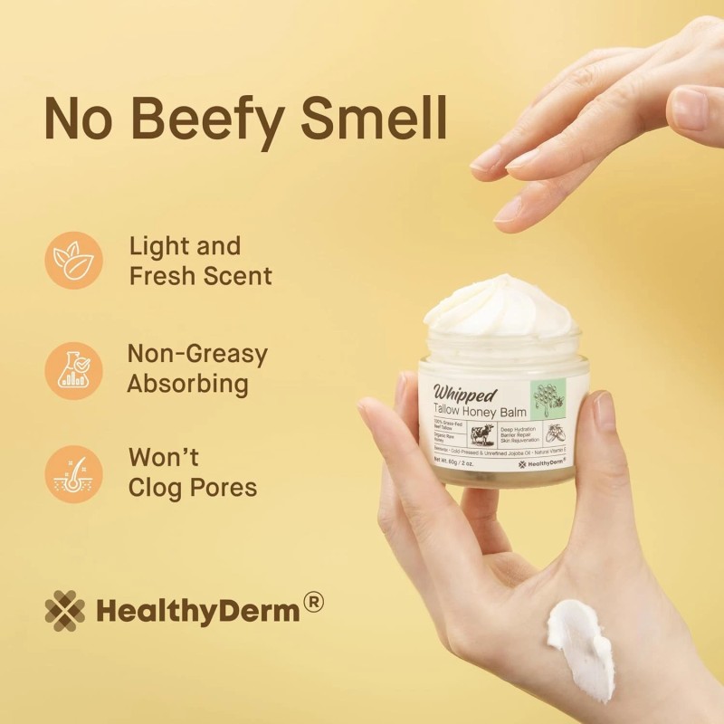 HealthyDerm Beef Tallow Honey Balm for Skin: 100% Grass Fed