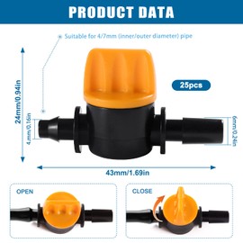 VooGenzek Drip Irrigation Hose Coupling Valve, Irrigation Tap Shut-off Valve Connections, Irrigation Barb Control Valve, Mini Valve for 4/7 mm Hose, 4/7 Barb Valve