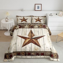 Manfei West Texas Star Comforter Set King Size, Rustic Farmhouse Quilt Set with 2 Pillowcases, Grey Wooden Plank Bedding Set 3pcs for Kids Boys Teens Room Decor, Lightweight Duvet Insert