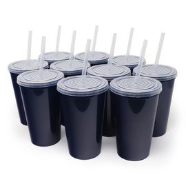 Rolling Sands Stadium Cups, 22oz Reusable Plastic, 10 Pack, Navy Blue, with Lids & Straws, Made in USA, BPA Free, Dishwasher Safe