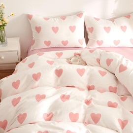 Michorinee Double Muslin Bed Linen 135 x 200 cm Cotton White with Pink Hearts Pattern Soft Duvet Cover Set 2-Piece Hearts Romantic Bedding Sets with Zip and 1 Pillowcase 80 x 80 cm