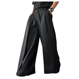 OYOANGLE Men's Baggy Wide Leg Pants Zipper Fly Pleated Trousers Business Casual Dress Pants with Pocket Black X-Large