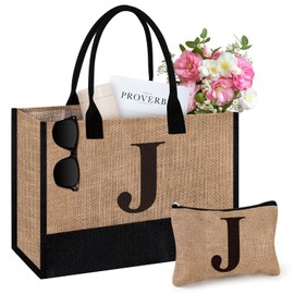 Initial Jute Tote Bag & Makeup Bag, Birthday Gifts for Women Her Mum Teacher, Suitable for Wedding, Beach, Holiday (J)