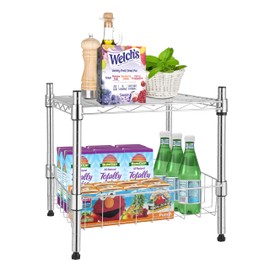 YSSOA HealSmart 2-Tier Shelving Unit, 15" W x 13.8" D x 15" H Wire Metal Stackable Storage with Basket, Chrome
