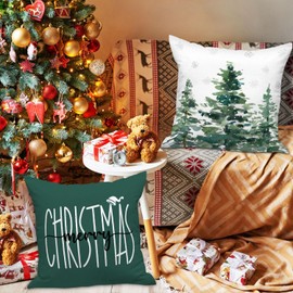 Lanpn 45x45 Christmas Throw Pillow Covers Set of 4, Winter Forest Outside Outdoor Decorative Holiday Pillow Case Cushion Cover 45 x 45 for Indoor Home Bedroom Sofa Couch Xmas Decor Green