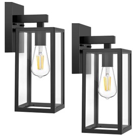 MAXvolador Outdoor Wall Sconce, Exterior Waterproof Wall Lantern Light Fixtures, Black Porch Lights with Toughened Glass Shade, Anti-Rust E26 Socket Front Door Mount Lighting, 2 Pack