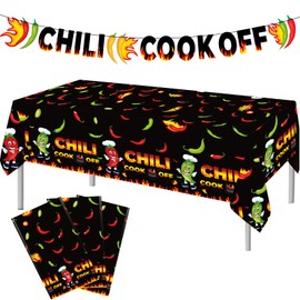 4 Pcs Chili Cook Off Decorations Set Chili Cook Off Banner Chili Pepper Disposable Tablecloth Plastic Table Cover Chili Cook Off Supplies Chili Pepper Decorations for Chili Cooking Contest