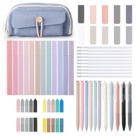 Pack of 48 School Supplies Aesthetic Bundle, 6 Coloured Gel Pens, 5 Gel Pens, 10 Refills, 12 Pastel Highlighters, 10 Bookmarks, 4 Notes & 1 Pencil Case, Minimalist Design for School, Blue