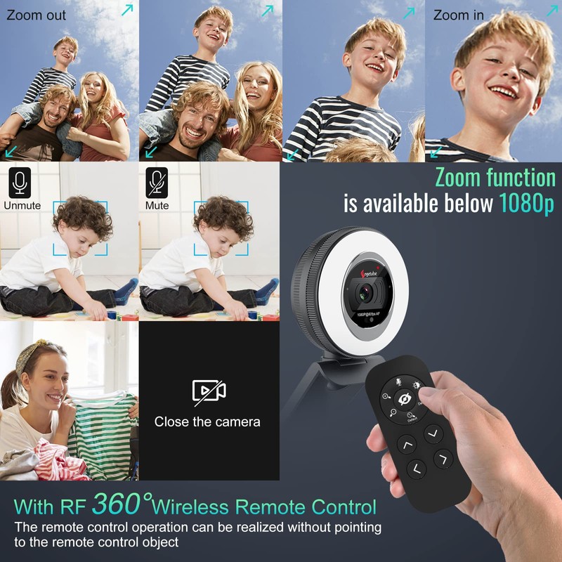 Angetube Webcam with Ring Light, 1080P 60FPS Camera for PC
