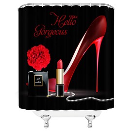 VPUPCN Red High Heel Shower Curtain Hello Gorgeous Black Perfume Flower Lipstick Fashion Makeup Romantic Woman Girls Polyester Curtains Bathroom Decor with Hooks 70" Wx70 H