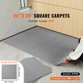 Happybuy Carpet Tiles Peel and Stick, 24" x 24" Squares Self-Adhesive, Soft Padded, Easy DIY for Bedroom & Living Room, Indoor & Outdoor (9Tiles, Light Gray)