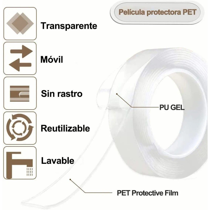 Cinta Nano Adhesiva De Doble Cara Lavable Reutilizable 10mts