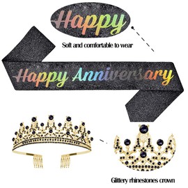 Tiara for Women Anniversary Happy Anniversary Tiara and Sash Set for Celebration Party Supplies Gifts Favors and Decorations Black Crowns for Women Gifts