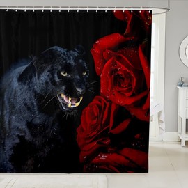 Feelyou - Cortina de ducha con diseño de leopardo, 3D, color negro, diseño de animal de pantera negra, color rojo, rosa, floral, guepardo, accesorios impermeables con 12 ganchos, cortinas de vida silvestre, 188 x 182 cm
