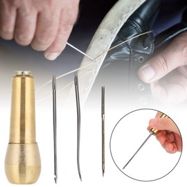Punzón de costura de piel de lona, punzón de aguja de coser de piel cosido a mano con 2 piezas de mango de cobre y 6 agujas para reparación de zapatos de piel hecho a mano