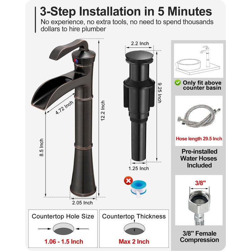 Tall Vessel Sink Faucet, Oil Rubbed Bronze Bathroom Faucet Waterfall