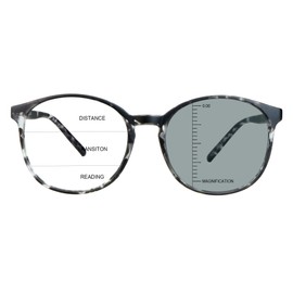 LAMBBAA Vintage Round Progressive Multifocal Presbyopic Glasses, Photochromic Gray Sunglasses for Men Women Readers (+0.00/+2.50 Magnification)