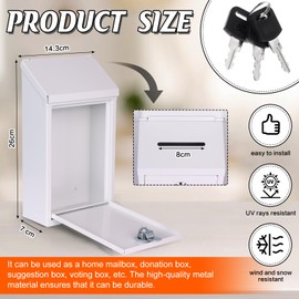 Metal Donation Box Charity Steel Collection Box Office Suggestion Secure Mailbox with Top Slot and Lock with Keys Wall Mount 10.24 x 5.63 x 2.76 inches Waterproof Mailbox for Home Office (White)