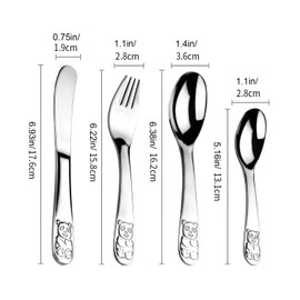 Tiokin Kinderbesteck Metall,4 Stück 18/10 Edelstahl Kinderbesteck Set mit Messer/Gabel/Löffel/kleinem Löffel,Todler Besteck Gesund & Spiegelpoliert, Spülmaschinenfest