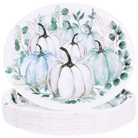 FULJOOY 50 Pcs Fall Disposable Oval Plates Blue and White Pumpkin Paper Plates 10.8" x 12.7" Thanksgiving Fall Party Oval Paper Plates Pumpkin Large Plate Bulk Autumn Paper Plates for Fall Holiday
