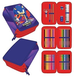 Sonic Prime Pencil Case with Accessories Red and Blue 12.5 x 6.5 x 18.5 cm Made of Polyester Pencil Case with Three Compartments and Zip - Original Product Designed in Spain