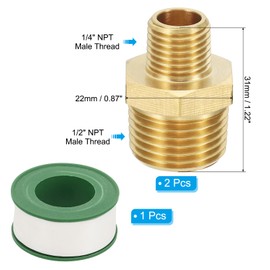 PATIKIL Brass Pipe Fittings Coupler Set, 2Pcs 1/4" x 1/2" NPT Male Thread Brass Hex Nipple Coupling Reducer Adapter Tubing Connector Adaptor with PTFE Tape for Water, Air, Oil, Gas Line