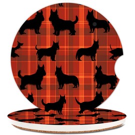 Ceramic Cup Holders Car Coasters for Women/Men,Cute Absorbent Drink Cup Car Holder Coasters with A Finger Notch 2.56" Pack of 2,Black Brown Plaid