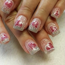 French Tip Press on Nails Valentine's Day Fake Nails Medium Square False Nails Glitter Silver with Hearts And Line Patterns Full Cover Acrylic Nails Glossy Artificial Nails for Women 24 PCS